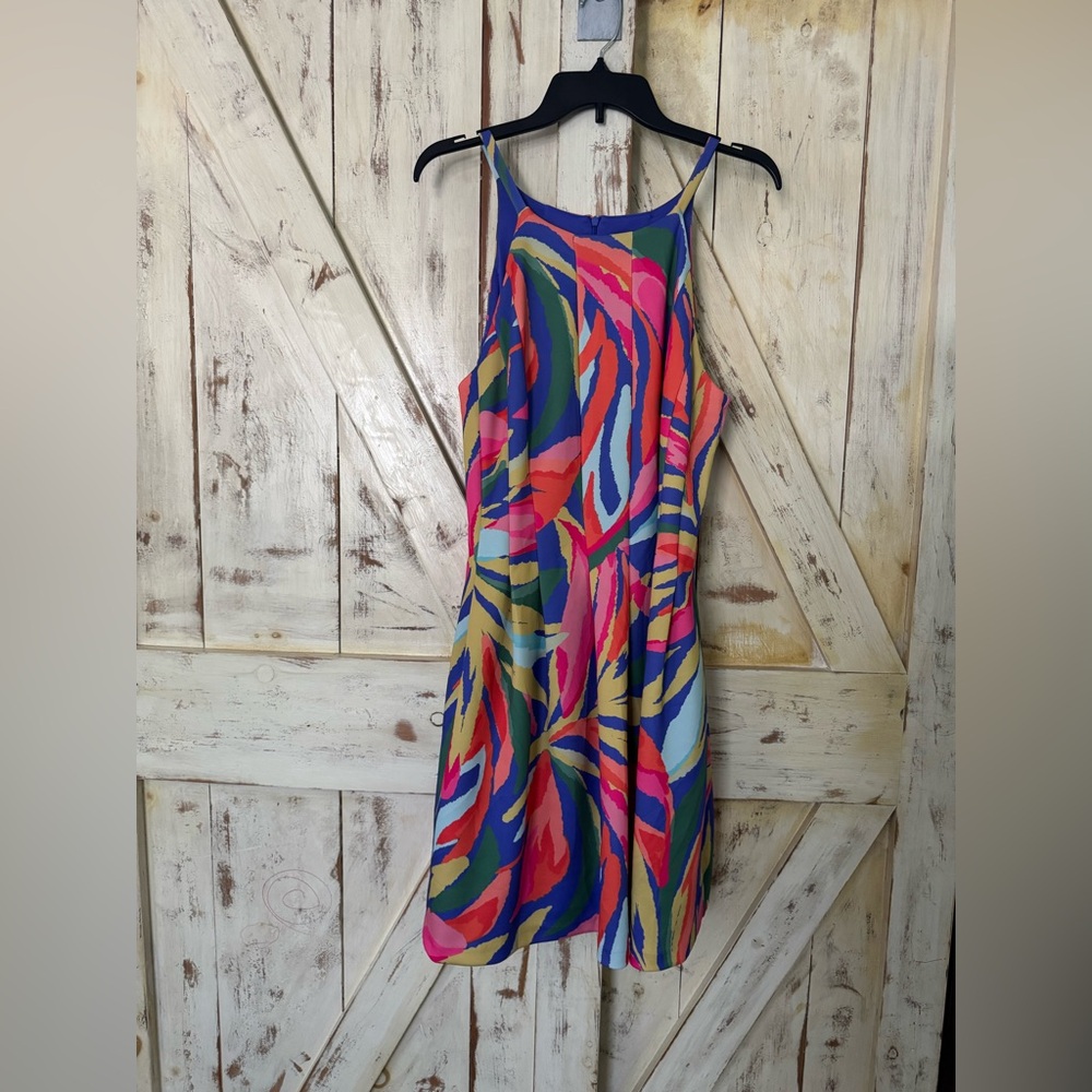Vince Camuto Rainbow Printed Scuba Halter Dress Size 14 Side Pockets Multi
